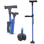 Folding Cane Walking Stick with LED Light & SOS Alarm for Men & Women Lightweight Adjustable and Portable with Balancing Quad Base Mobility Aid for Elderly with Dual Handle and Strap for Carry - Blue