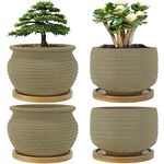 MUZHI Rustic Ceramic Succulent Pot with Bamboo Tray Set of 4, Unglazed Cactus Planter Pot Indoor with Drainage Hole 4Inch 5Inch