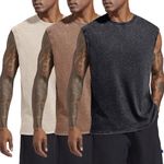 Wrenpies Mens Cotton Workout Gym Tank Top Sleeveless Cut Off Muscle Shirts Acid Wash Tshirts Running Beach Loose Fit Tees, C-3 Pack-black+coffee+apricot, XX-Large