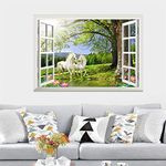 OCXEQJX Horse Wall Decals Fake Windows Wall Stickers Removable Peel and Stick Vinyl Art Murals Animal Window White Horse Stickers Woods Scenery Decor for Bedrooms Living Rooms 20 x28 inches (Green)