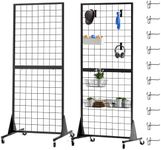RCZSCBK 2-Pack Gridwall Panel Display Stand Heavy Duty Removable Floor Mounted Detachable Grid Display Stand 2' x 5.5' Ft Display with Additional Hook - for Retail Art Fair (Black Finish)