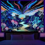 Dermijer Blacklight Forest Mountain Tapestry Sun Tapestry UV Reactive Retro Landscape Wall Tapestry Black Light Watercolor Flower Trees Wall Art Tapestry Wall Hanging for Home Decor W59.1×H51.2