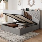 Feonase Queen Size Lift Up Storage Bed Frame with Charging Station, Button Tufted Headboard Platform Bed Frame with Hydraulic Storage, Wooden Slat Support, No Box Spring Needed, Noise-Free, Light Gray