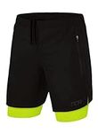 TCA Ultra 2 in 1 Compression Shorts Men Running Gym Shorts for Men with Zipped Pockets - Black/Lime Punch (2X Zip Pockets), M