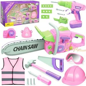 WishaLife Kids Tool Set - Pink Tool Set for Girls with Toy Chainsaw, Toy Drill, Construction Vest, Toddler Tool Set, Pretend Play Toy Tools Gift for Kids Ages 3 4 5 6 7 8 Years Old, OYG606-7