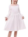 GORLYA Girls Puff Sleeve Square Neck Boho Frilly Smocked Shirred Flared Midi Dress 4-14T(GOR1134,14Y,White-LS)