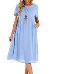 Lpecmin Womens Summer Dresses Casual Short Sleeve Round Neck Midi A Line Cotton Linen Sundress with Pockets(Blue-01, X-Large)