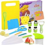 Caunedy 17 Pieces Montessori Kids Safe Cutting Knives Set for Cooking,Toddlers Kitchen Knife Set with Wood Knife,Plastic Knife,Crinkle,Sandwich Cutter,Y Peeler,Egg Beater,Scissors and Cutting Board