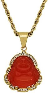 COLORFUL BLING 18k Gold Plated Laughing Buddha Pendant Necklace Green Jade Cubic Zirconia Gemstone Lucky Amulet Jewelry for Women Men, Crystal, gemstone