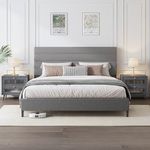 Furnihome Queen Bed Frame, Modern Upholstered Bed Frame with Adjustable Linen Headboard, Wooden Slats Support Platform Queen Size Bed Frames, No Box Spring Needed,Easy Assembly,Dark Gray