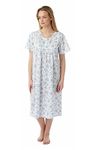 Ladies Womens Cotton Floral Print Short Sleeve Front Button Opening Nightwear Nightie with Lace - Pink Blue Lilac Nightdresses for Women UK Size 10-30 MN11 (BLUE, 20-22)