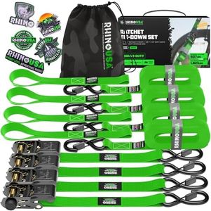 Rhino USA Ratchet Tie Down Straps (4PK) - 1,823lb Guaranteed Max Break Strength, Includes (4) Premium 1" x 15' Rachet Tie Downs with Padded Handles. Best for Moving, Securing Cargo (Green 4-Pack)