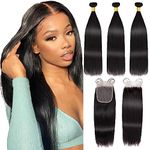 Human Hair Bundles with Closure Silky Straight Human Hair Weave Real Human Hair 100% Unprocessed Brazilian Virgin Human Hair 3 Bundles Human Hair with 4x4 Lace Closure 12 14 16+10 inch Natural Black