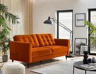 Furniturebox UK Joni 3 Seater Burnt Orange Velvet Sofa -Upholstered Modern Retro Orange Fabric Sofa with Black Wooden Tapered Legs - Square Stitching - Stylish & Contemporary Living Room
