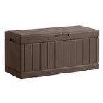 GUNJI 88 Gallon Resin Deck Box Indoor Outdoor Storage Waterproof & UV Resistant for Patio Furniture, Garden Tools, Pool Equipment and Pillows, Lockable (Brown)