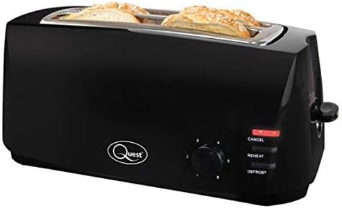 Quest 4 Slice Toaster Black - Extra Wide Long Slots for Crumpets and Bagels - 6 Settings - Reheat and Defrost