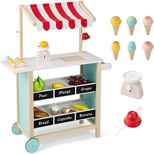 FUTADA Kids Grocery Store Prend Play Cart, Wooden Toy Shop with Ice Cream Toy, Scales, Bell, Chalkboards, Canopy, Wheels, Ice Cream Truck Toys for Kids, Gift for Boys Girls Ages 3+ (Red)