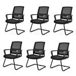 COSTWAY Meeting Office Chairs, Mid-Back Mesh Reception Chair with Adjustable Lumbar Support and Sled Base, Padded Conference Armchairs Executive Computer Desk Chair (6, Black, 60x57x95cm)