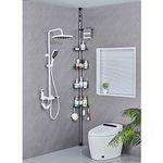 DUFU Adjustable Bathroom Corner Shelves, Telescopic Shower Caddy with 4 Bathroom Baskets, 4 Hooks, 1 Towel Rail, No Drilling Bathroom Storage Shower Shelf, 95-305 cm Floor to Ceiling, Black