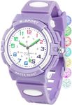 DTKID 7 Colorful Lights Children's Watch Boys Girls, Kids 30 M Waterproof Analog Watch Soft Rubber Band Easy to Read Dial Time Lessons Wristwatch Child 5-18 Years Old(Purple)