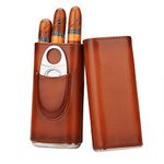 Time C club Plus 3 -Sticks Brown Leather Cigar Case, Cedar Wood Lined, Cigar Cutter