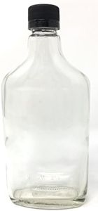 375 ml (12.7 oz) Glass Flask Liquor Bottle with Black Caps (6 Pack)