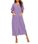 Ekouaer Women Robes Zipper Front Short Sleeve Housecoat Full Length Loungewear with Pockets Purple,M