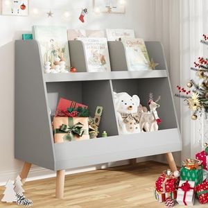 Curipeer 2-Tier Kids Bookshelf and Toy Organizer, Gray, 5 Cubbies, Modern Style, Wood, 32.4x12.5x27.3 inches, 32.5 pounds