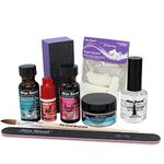 Mia Secret Acrylic Nail Kit: 1/2 oz liquid monomer, 1/2 oz clear acrylic powder, ultra quick nail glue, 1/2 oz ultra gloss top coat, fancy 20 nail tips, 1/2 oz primer, speedy zebra straight nail file 100/100, #8 nail brush and emery block