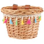 AVASTA Wicker Kids Bike Basket for 12, 14, 16 Girls & Boys Bicycles, Scooter, Tricycle, Comes with Leather Straps, Decorated with Tassels, Colourful Tassel Decoration, Size XS, Honey Yellow