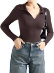 SUUKSESS Women Long Sleeve Ribbed V Neck Polo Shirts Collared Seamless Business Casual Slim Fitted Tops for Office Work (Brown,L)