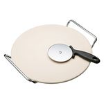 KitchenCraft KCPIZSTONE World of Flavours Pizza Stone and Cutter Wheel Set in Gift Box, Round, Ceramic, 2 Pieces, Beige, 32cm