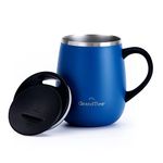 Grandties Insulated Coffee Mug with Handle - Sliding Lid for Splash-Proof 16 oz Wine-Glass Shape Thermal Tumbler with Double Walled Vacuum Stainless Steel to Keeps Beverages Hot or Cold - Black (Cobalt Blue)