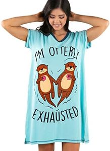 Lazy One Women's Nightgown, Funny V-Neck Sleep Shirt for Women, Novelty Pajama Shirts, Otterly Exhausted Light Nightshirt, XX-Large