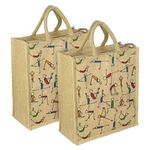 SNDIA Pack of 2 Eco Friendly Reusable Jute Bag, Yoga Printed Jute Bag, Grocery Shopping Bag, Multi-Purpose Bag, Jute Lunch Bag, Sturdy Handle with Zipper Lock (33 * 29 * 12cm)