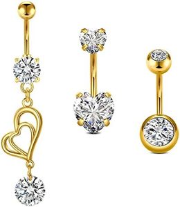 3pcs Vientre Barras de Oro de 10mm de Acero Quirúrgico 14G Vientre Ombligo Anillos del Botón con Dangle Piercing de la Joyería del Corazón de Cristal