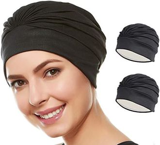 Beemo Swim Caps for Women Swimming Turban Polyester Latex Lined Pleated for Ladies-2pk Blk/BLK