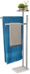 Songtec Towel Rack Stand for Bathroom, 2-Tier Towel Holder Stand for Bath Towels Max to 68” & 60” Long, Practical Shelf on Top for Phone, Shampoo, Body Wash