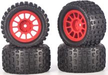 Pre-Glued 1/16 & 1/18 RC Monster Truck Tires with Foam Insert, Rubber Tire and Nylon Wheels Rims Fit for ARRMA Granite 1/18 Granite/Typhon, WLtoys A949, MJX Hyper Go H16 4Pcs-Red