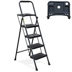 HBTower 4 Step Ladder, Folding Step Stool with Tool Platform, Convenient Handgrip Sturdy Steel Ladder, 330lbs/150 kg Max Load, Black