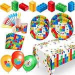 Building Block Birthday Party Supplies Set | Baby Boy Toddler Kids Birthday Brick Decorations – Cups Plates Signs Napkins Balloons Tablecloth Utensils – Decorations for Boys and Girls – Serves 25