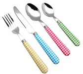 EXZACT Cutlery Set 24pcs Stainless Steel with Gingham Check Coloured Handles - 6 x Forks, 6 x Dinner Knives, 6 x Table Spoons, 6 x Tea Spoons (Mixed Color x 24 pcs)