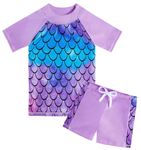 Fanient Girls Two Pieces Swimsuit UPF 50+ Short Sleeve Swimwear Girl Purple Mermaid Printed Swimsuit Quick Dry Beach Swimming Costume 6-7 Years