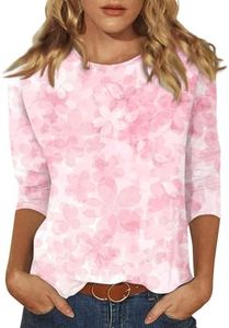3/4 Length Sleeve Womens Tops Spring Summer Football Plus Size Tee Shirts Women's Casual 3/4 Sleeve Floral Printed Shirts Woman Crew Neck Three Quarter Sleeves Tops 2025 Pink S