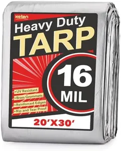 Keten Tarps Heavy Duty Waterproof 20X30 Feet, Extra Thick 16 Mil, Tear & Fade Resistant, UV Blocking, Outdoor Tarp with Reinforced Grommets for Roof, Camping, Patio, Pool, Boat(Silver/Black)