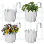 GREENRI Fence Hook 11 Inch Plastic Hanging Hook Planters, Heavy Duty Plastic Hook Planters Pots, (Pack of 4), UV Resistant Flower Hook Hanging Pots for Home Decor, Balcony & Garden (White)