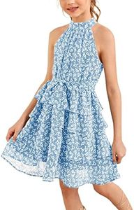 Imily Bela Girls Floral Ruffle Dress Halter Neck Kids Chiffon Summer Party Dress with Belt Light Blue