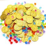 Meng Jiaran Pirate Treasure Coin and Gems, 100 Pirate Gold Coins and 100 Pirate Gems, Jewelry Playset Pack Party Favor for Halloween Pirate Party Supplies