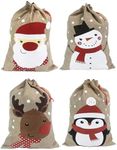 Christmas 35x50cm Medium Sacks. Pack of 4 Drawstring Goody Gift Bags for Christmas Treats 4 Designs Santa Snowman Reindeer Penguin