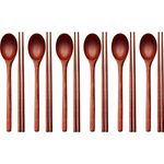 Wooden Spoon and Chopsticks Set Long Handle Spoon Chopstick Flatware Reusable Tableware Combination Utensils for Eating Food, 9.3 Inch (12)